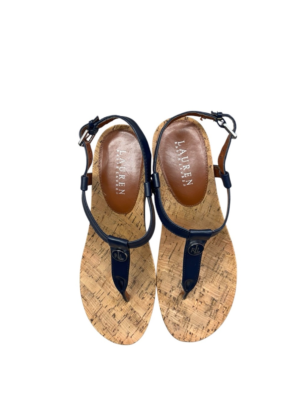 Lauren Ralph Lauren Womens Wedge Sandals Navy Blue T-Strap Cork Heel Size 4